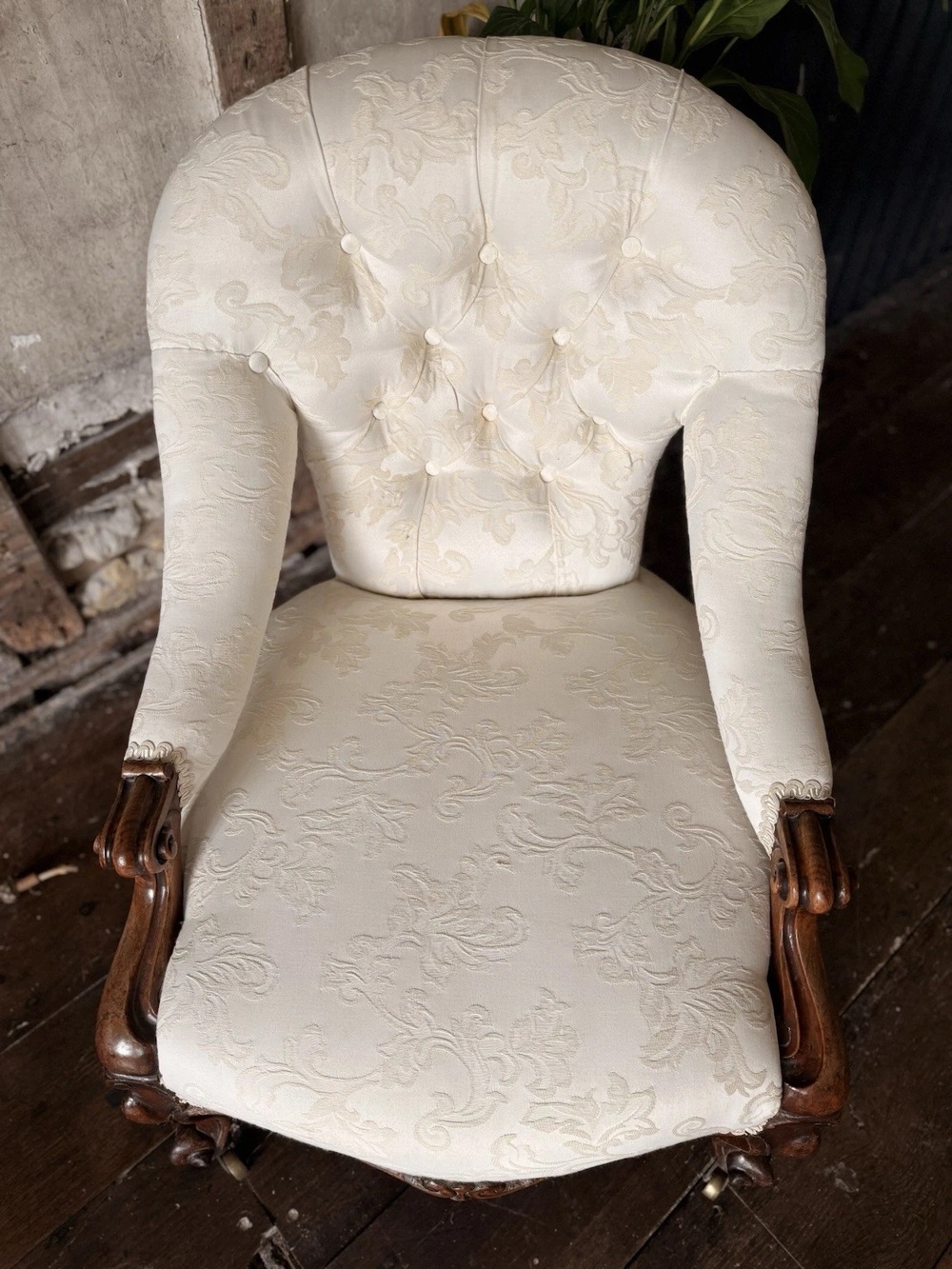 Antique Rosewood Ivory Cream Lady's Library Reading Fireside Nursing Armchair Chair - Recently re-upholstered