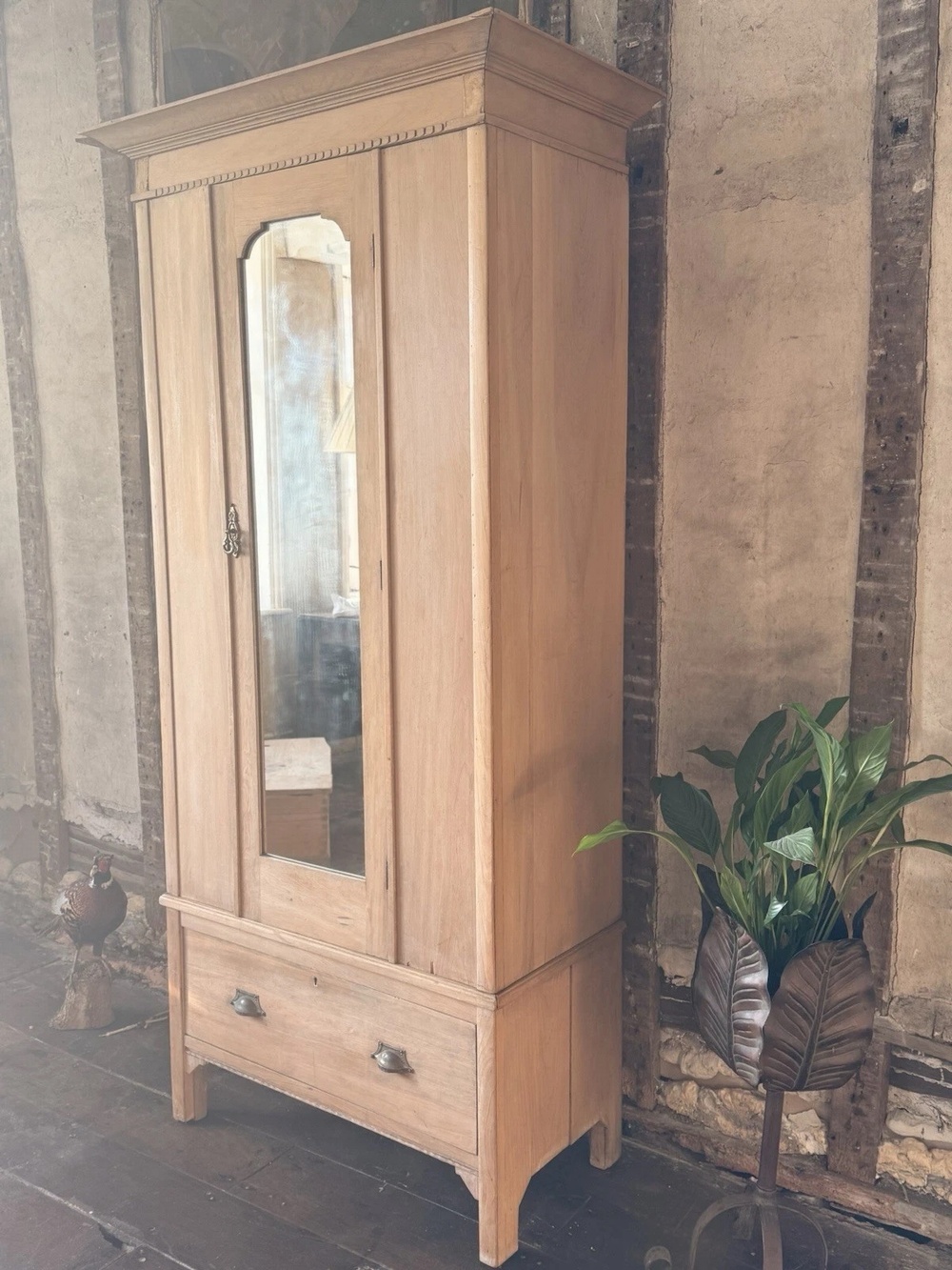 Rustic Farmhouse Antique pine Single Wardrobe with Drawer & Shelves 1890 C