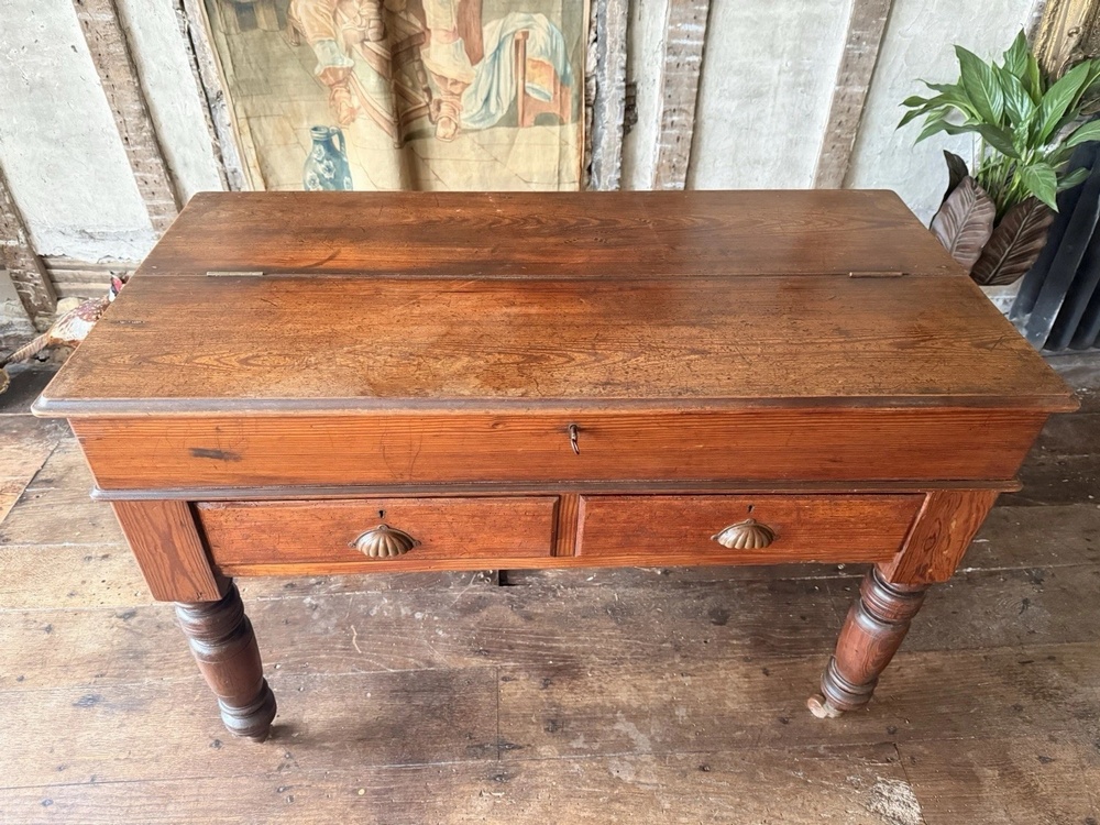 Antique Pitch Pine Rustic Farmhouse (Richard Smith) School Table Office Desk 1860 C
