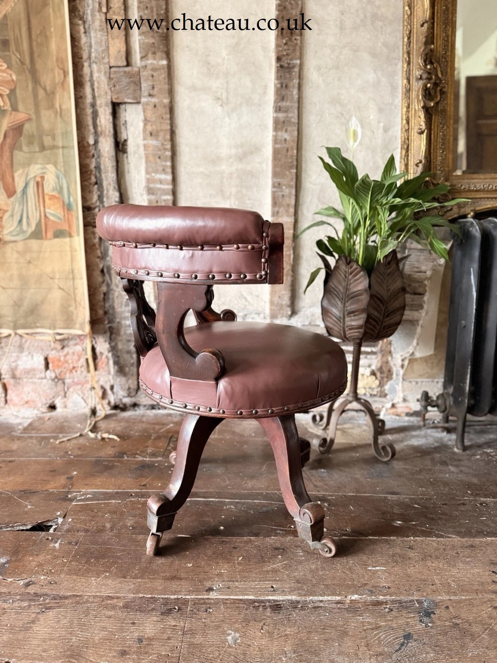 Antique Mahogany Brown Leather Victorian Office Desk Horseshoe Chair 1880c