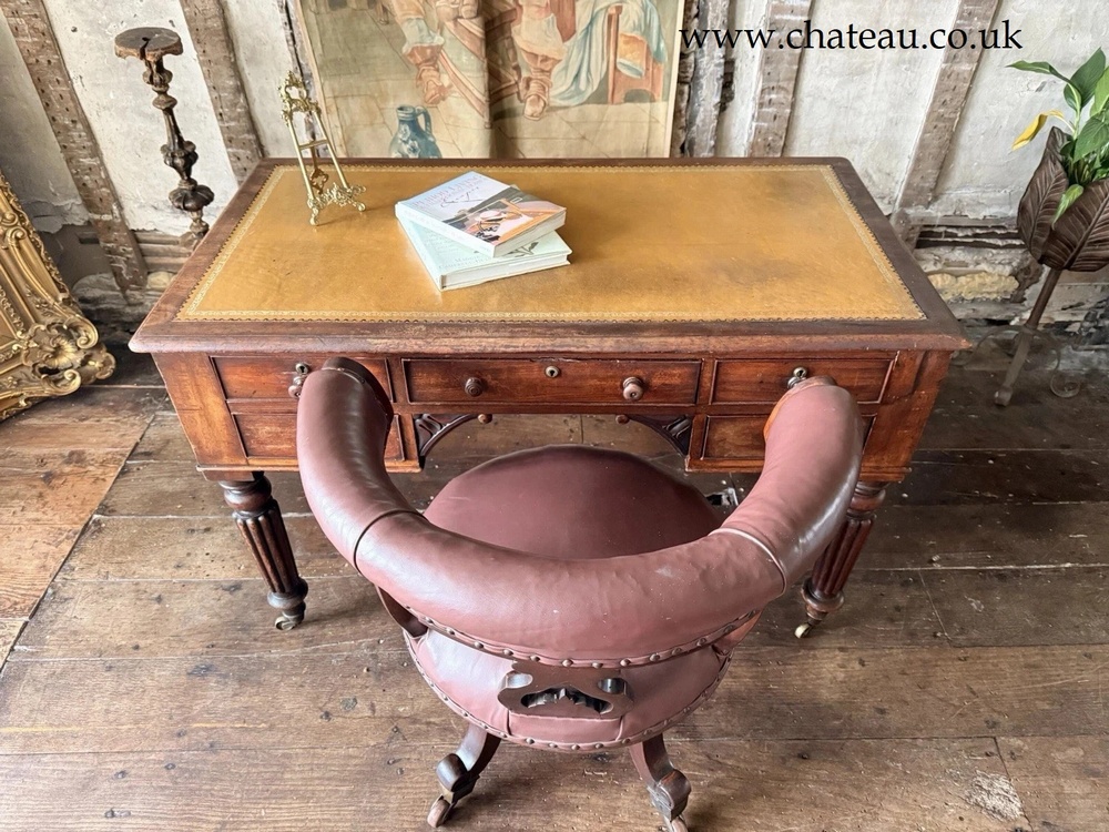 Antique Mahogany Brown Leather Victorian Office Desk Horseshoe Chair 1880c