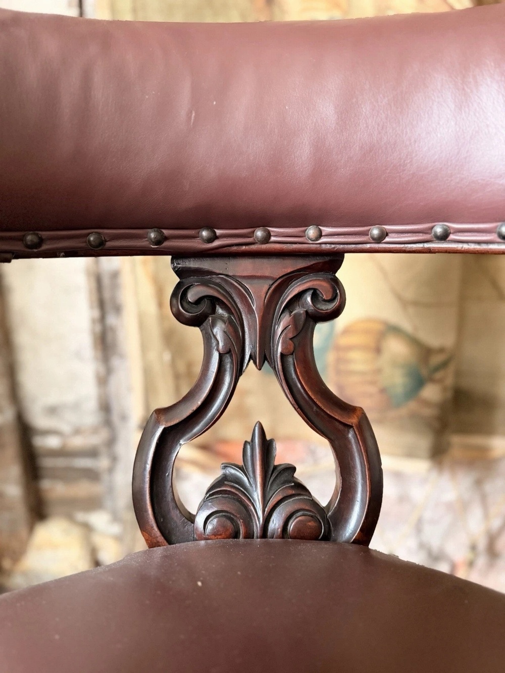 Antique Mahogany Brown Leather Victorian Office Desk Horseshoe Chair 1880c