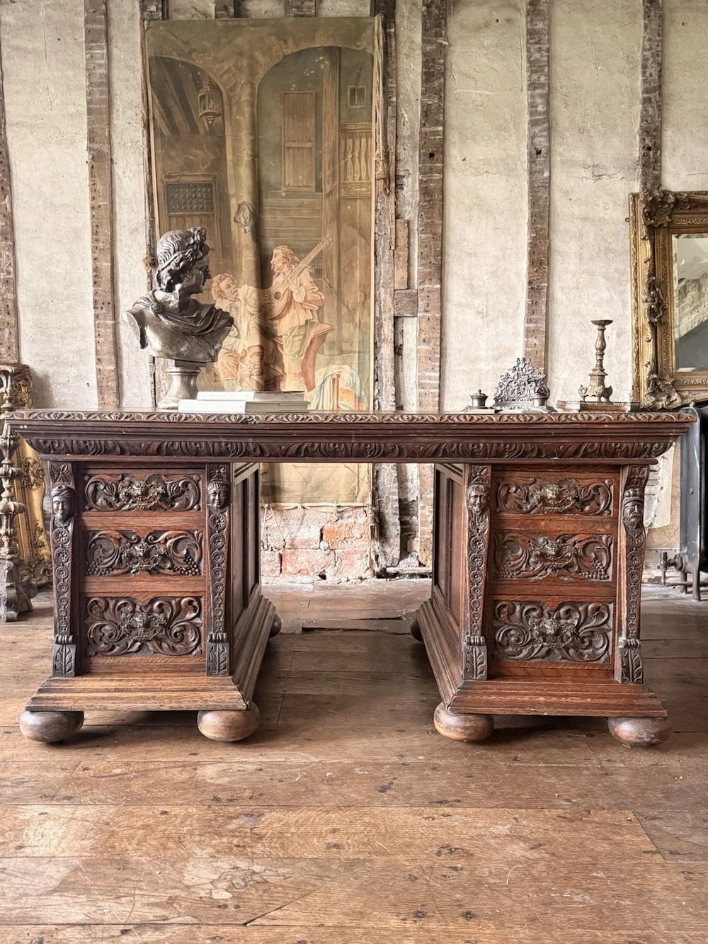 Exceptional Collectors Rare Antique Oak Rustic Carved Pedestal Provincial Desk 1870 Circa