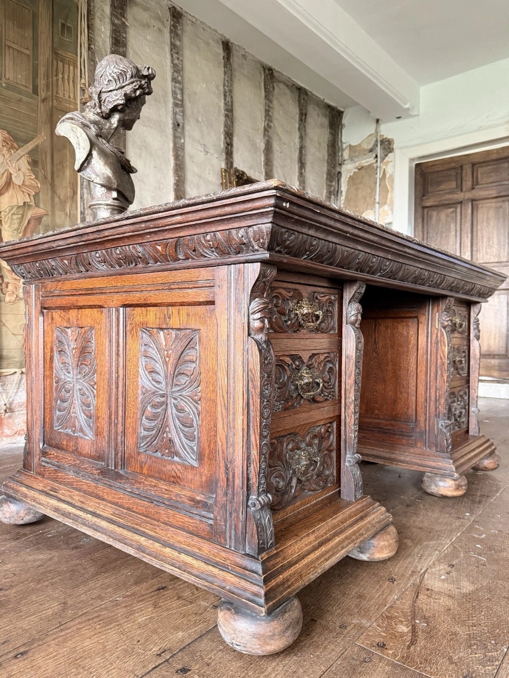 Exceptional Collectors Rare Antique Oak Rustic Carved Pedestal Provincial Desk 1870 Circa