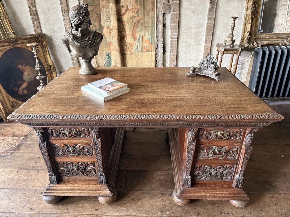 Exceptional Collectors Rare Antique Oak Rustic Carved Pedestal Provincial Desk 1870 Circa