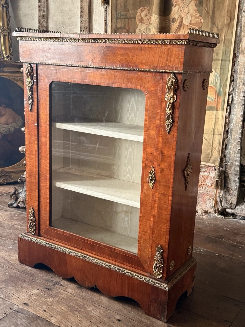 Exceptional Antique Walnut Glass English Pier Ormolu Cabinet w/ Gallery 1870