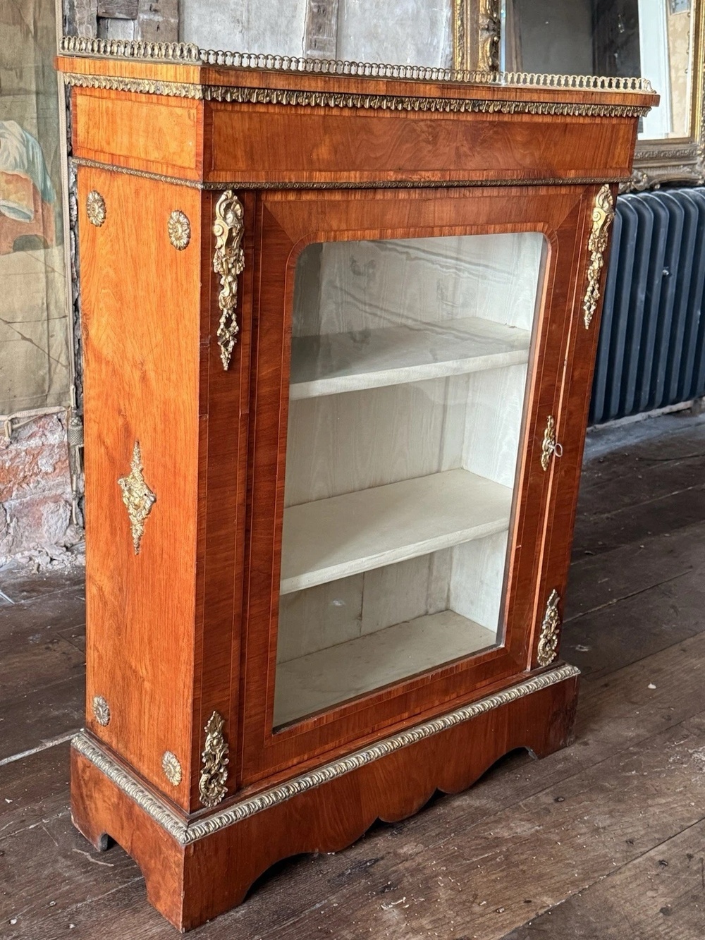 Exceptional Antique Walnut Glass English Pier Ormolu Cabinet w/ Gallery 1870