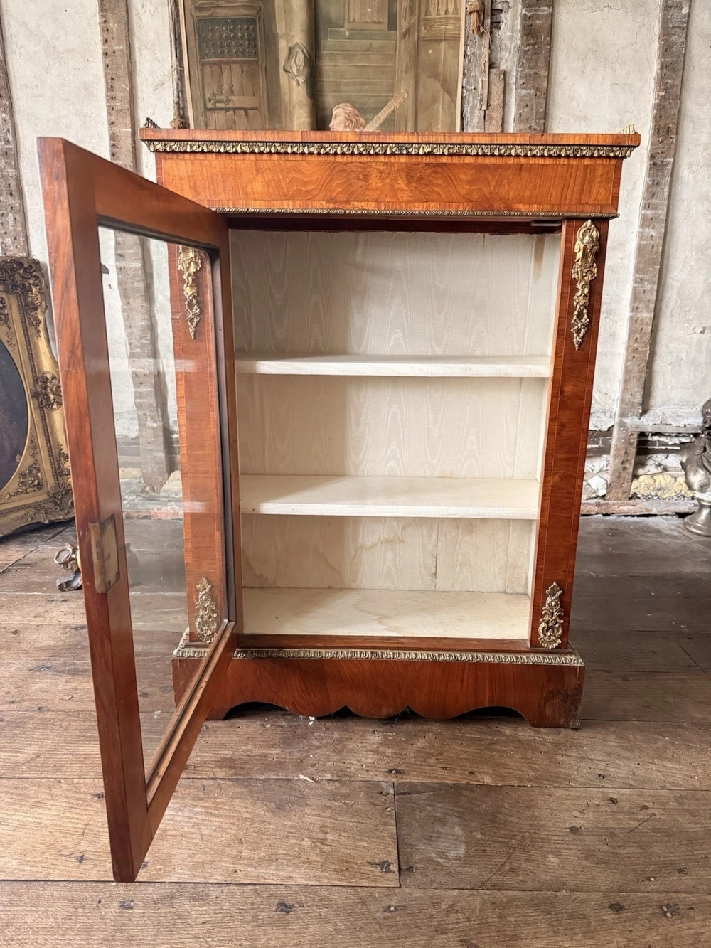 Exceptional Antique Walnut Glass English Pier Ormolu Cabinet w/ Gallery 1870