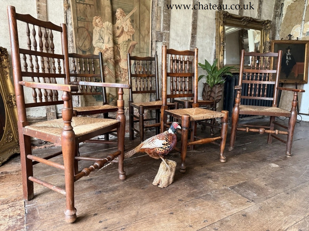 Matching Antique Farmhouse Rustic Rush Lancashire Ladder Back Elbow Chairs x 6