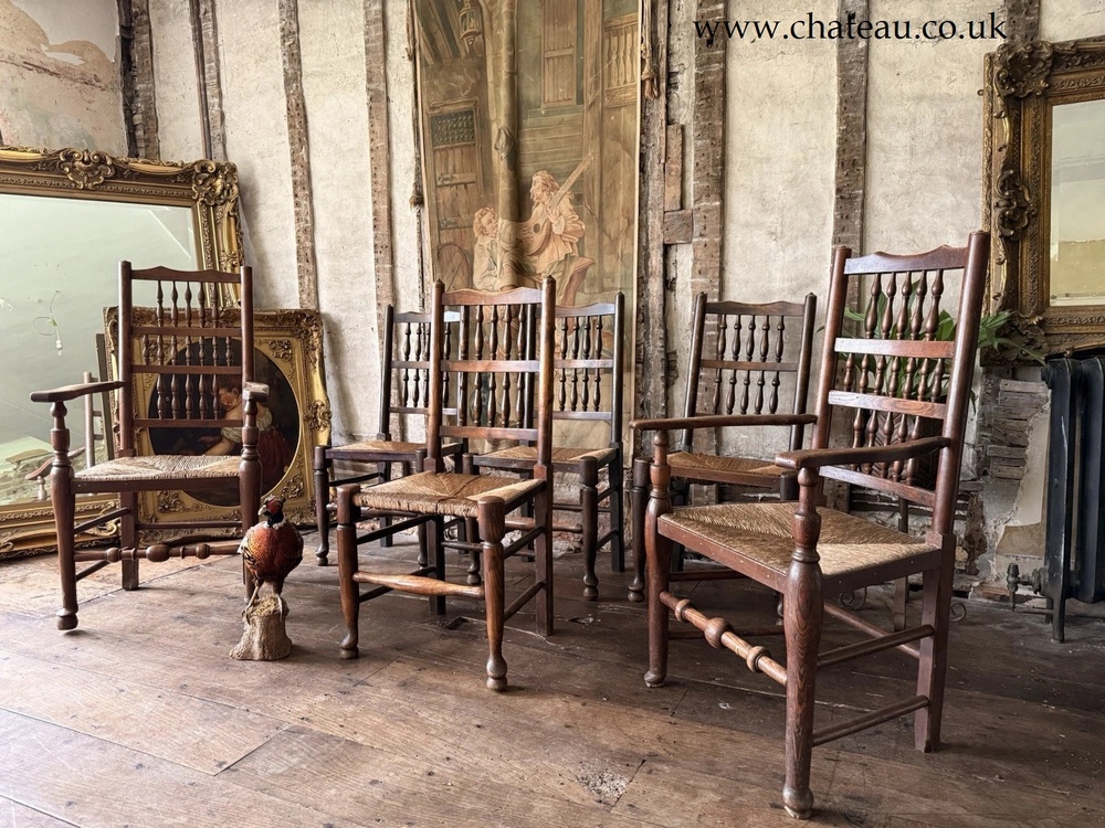 Matching Antique Farmhouse Rustic Rush Lancashire Ladder Back Elbow Chairs x 6
