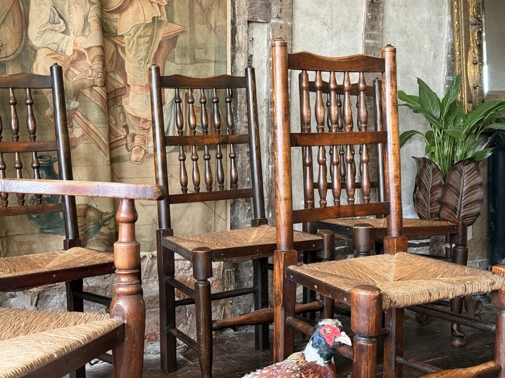 Matching Antique Farmhouse Rustic Rush Lancashire Ladder Back Elbow Chairs x 6