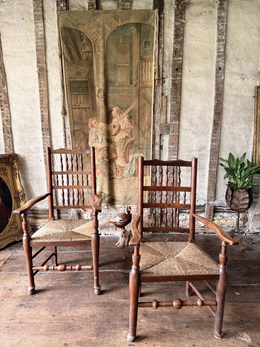 Matching Antique Farmhouse Rustic Rush Lancashire Ladder Back Elbow Chairs x 6