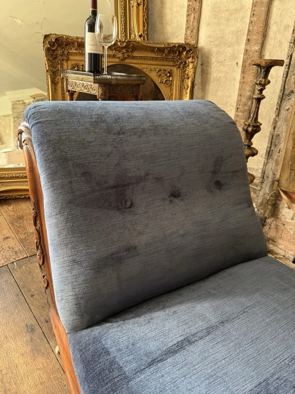 Rare Elegant Antique Walnut Carved Blue Statement French Chaise Longue Daybed