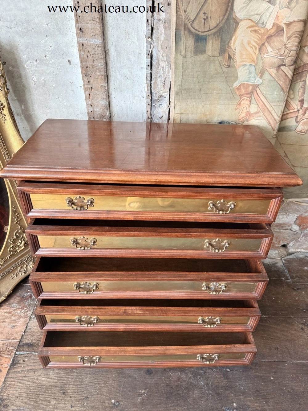 Vintage Rare Collectable Campaign Canalata Art Deco Brass inlays Chest Of Drawers 1960 C