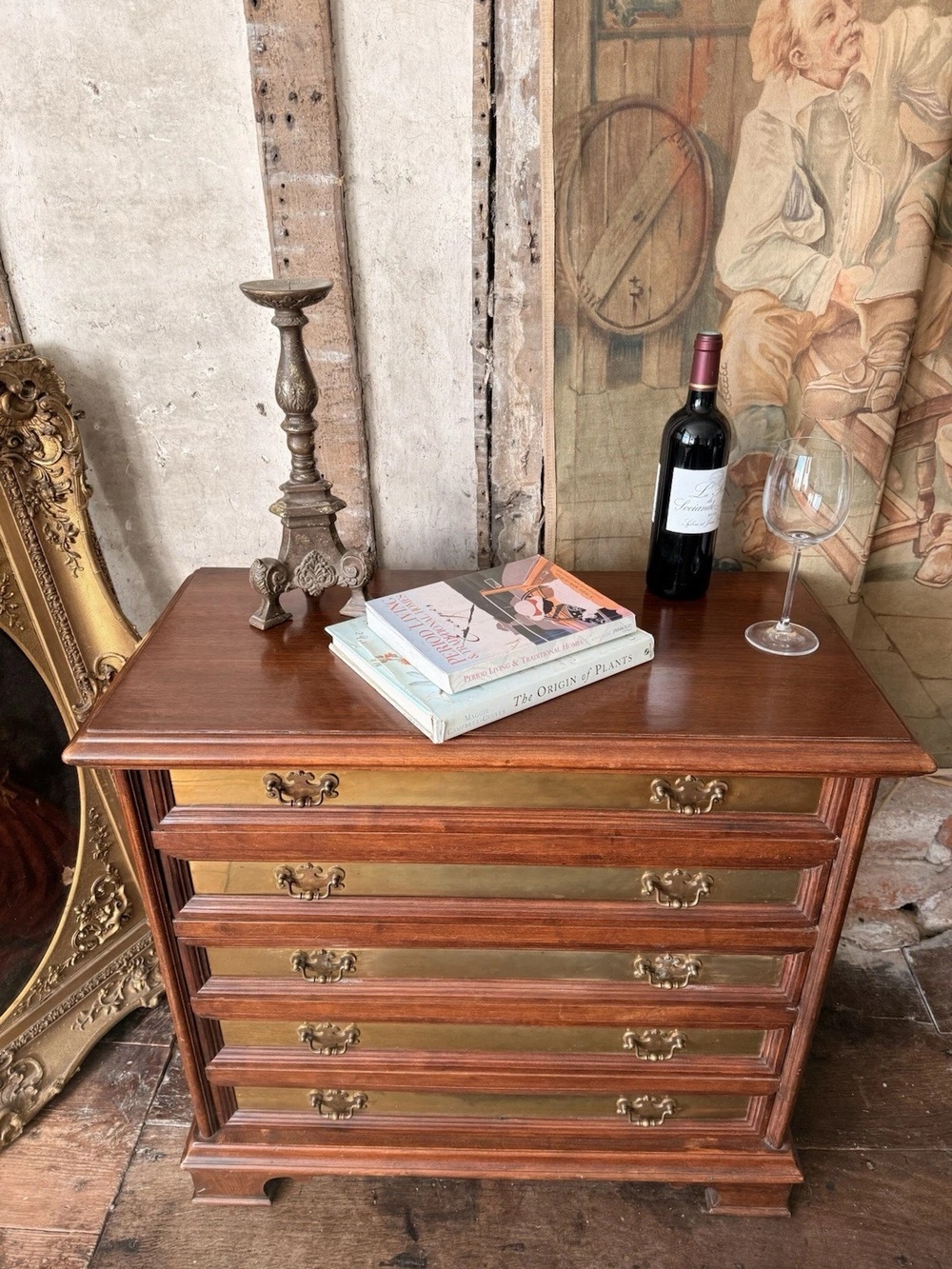 Vintage Rare Collectable Campaign Canalata Art Deco Brass inlays Chest Of Drawers 1960 C
