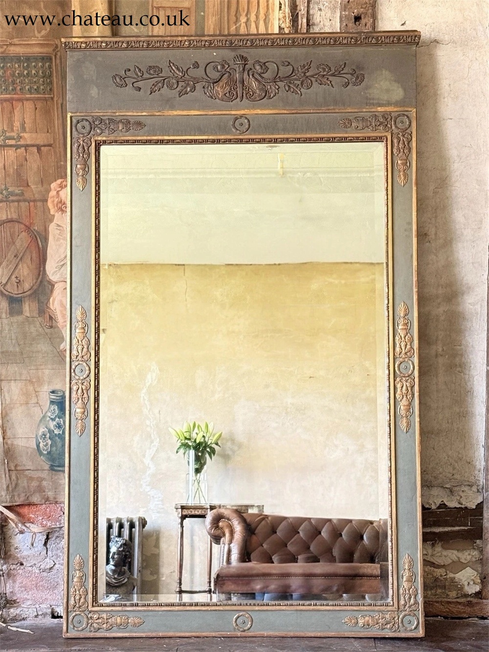 Large Green Gold Louis XVI Style Trumeau Mirror – Gilt Wood, Bevelled Plate, English Antique