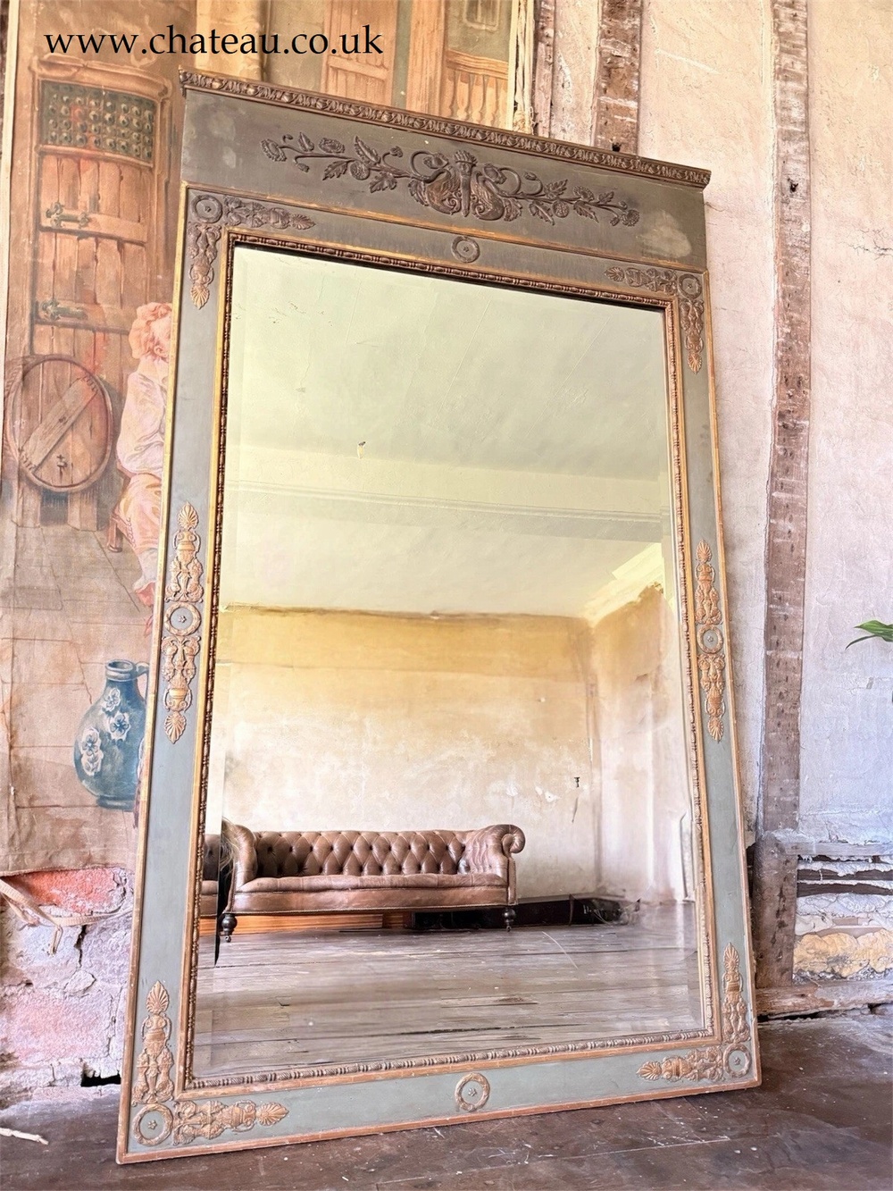 Large Green Gold Louis XVI Style Trumeau Mirror – Gilt Wood, Bevelled Plate, English Antique