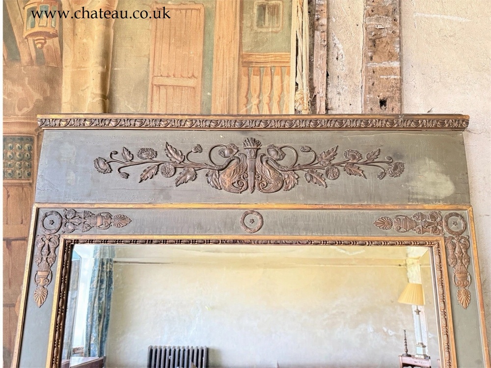 Large Green Gold Louis XVI Style Trumeau Mirror – Gilt Wood, Bevelled Plate, English Antique