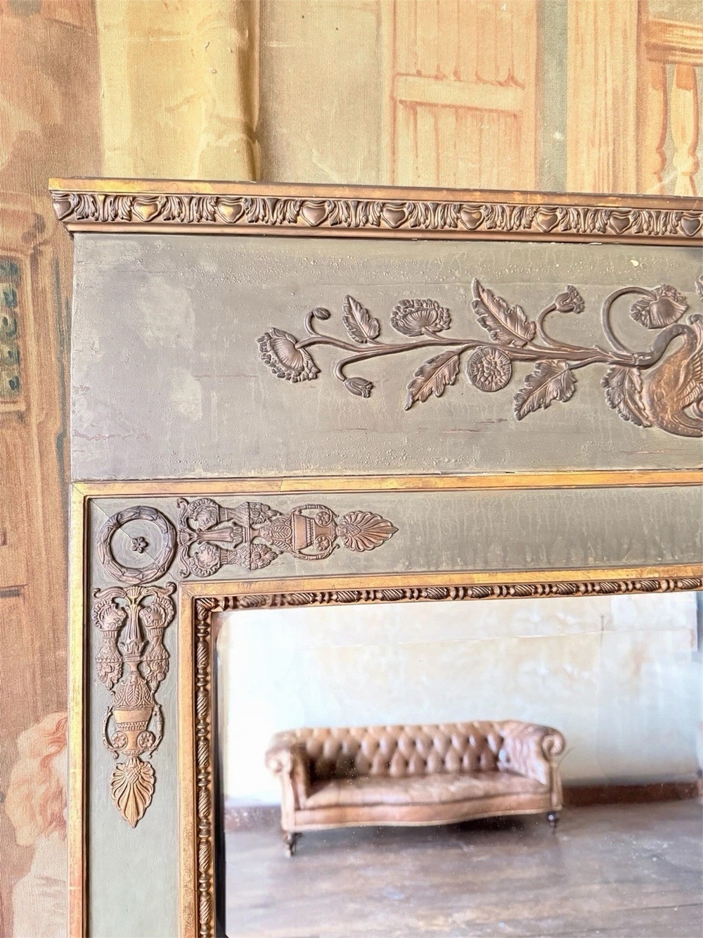 Large Green Gold Louis XVI Style Trumeau Mirror – Gilt Wood, Bevelled Plate, English Antique