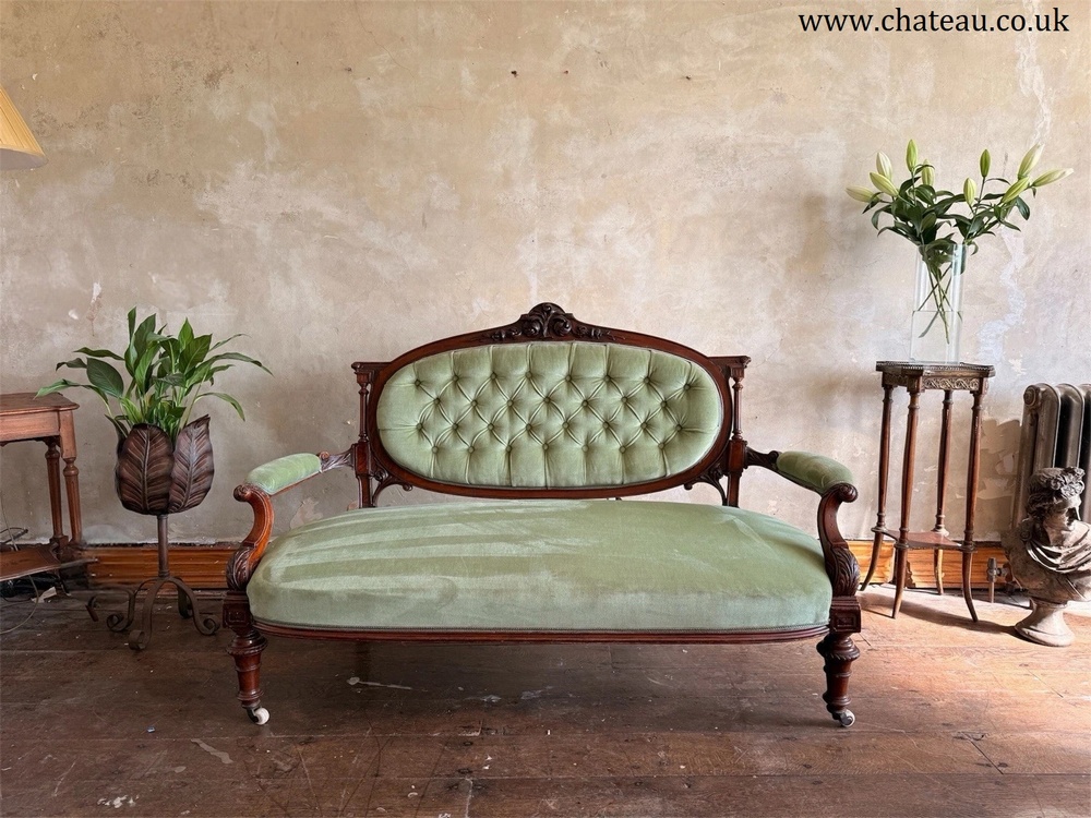 Original Antique Carved Pistachio Green Chaise Longue Salon Sofa England 1880 C