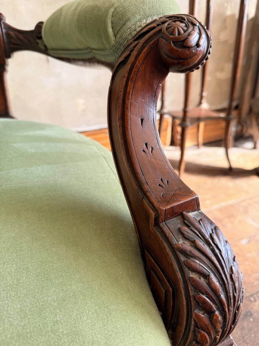 Original Antique Carved Pistachio Green Chaise Longue Salon Sofa England 1880 C