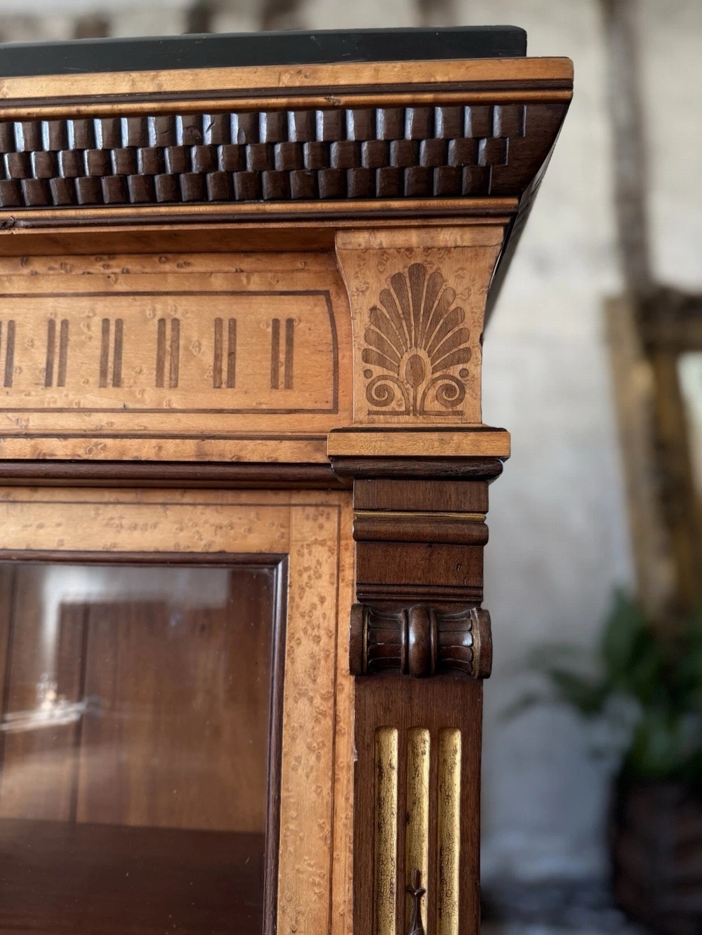Lamb of Manchester Burr Walnut Antique Display Cabinet Sideboard - Granite Top
