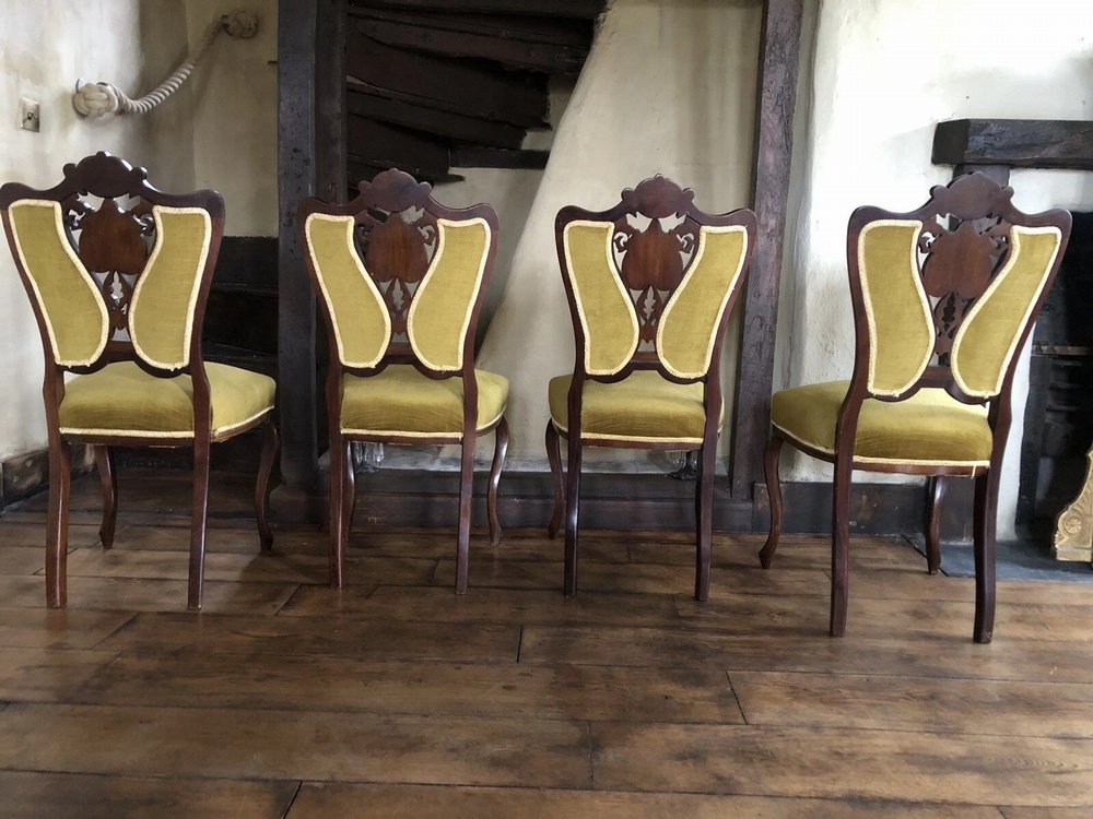 SOLD Quality Unique Original Rare Antique Olive Green and Gilt Marquetry inlaid Edwardian Chairs X 4