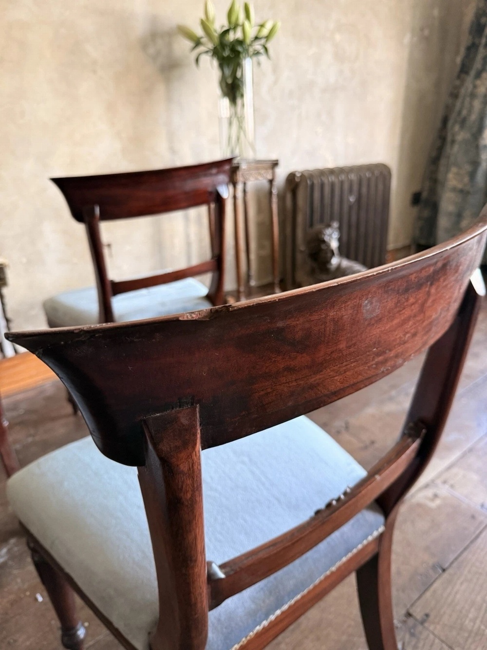 English Matching Set of 6 Antique Mahogany Regency Blue Dining Chairs 1820C