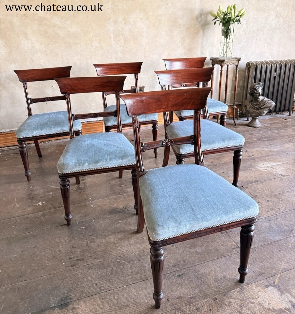 English Matching Set of 6 Antique Mahogany Regency Blue Dining Chairs 1820C