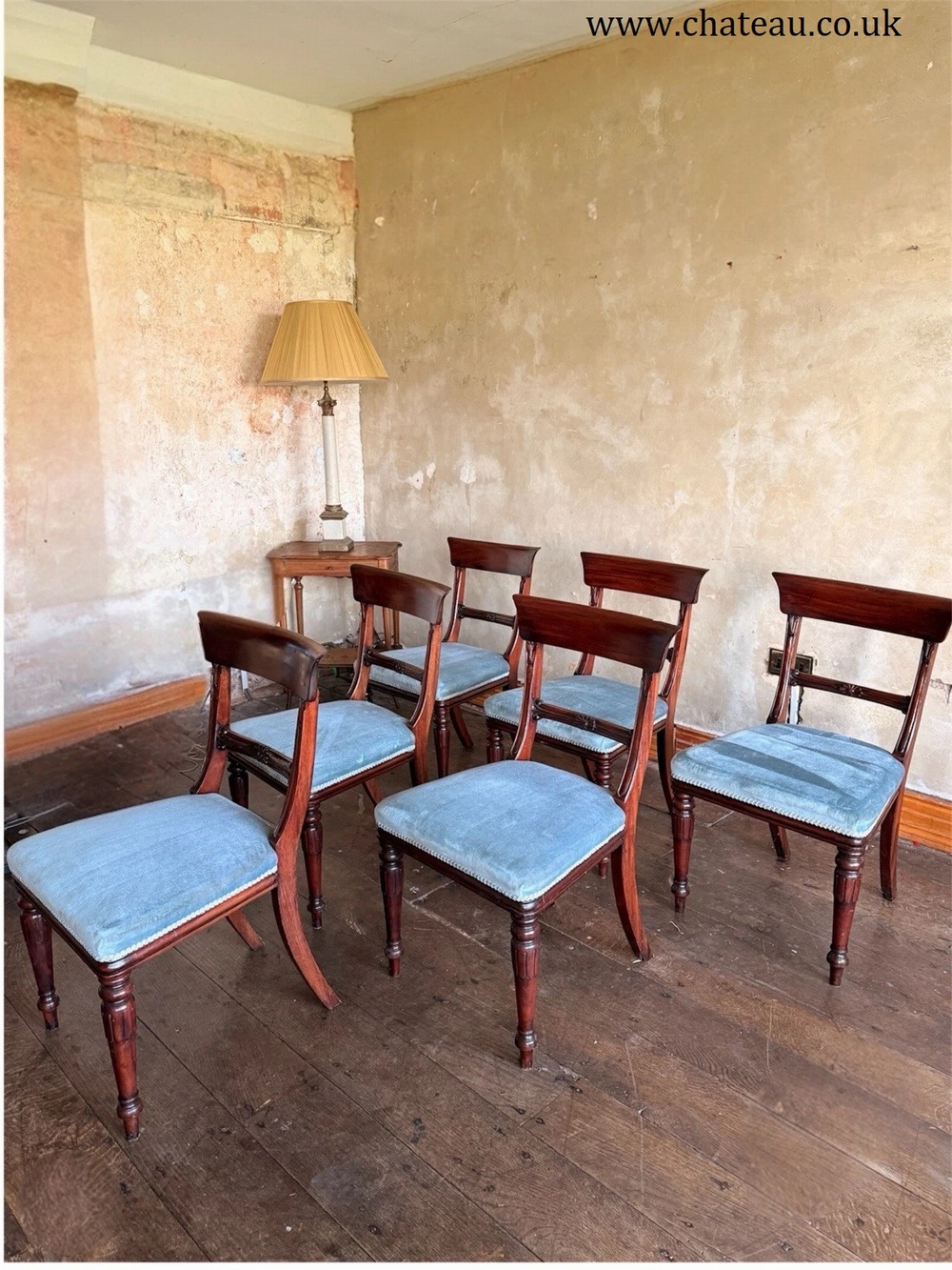 English Matching Set of 6 Antique Mahogany Regency Blue Dining Chairs 1820C