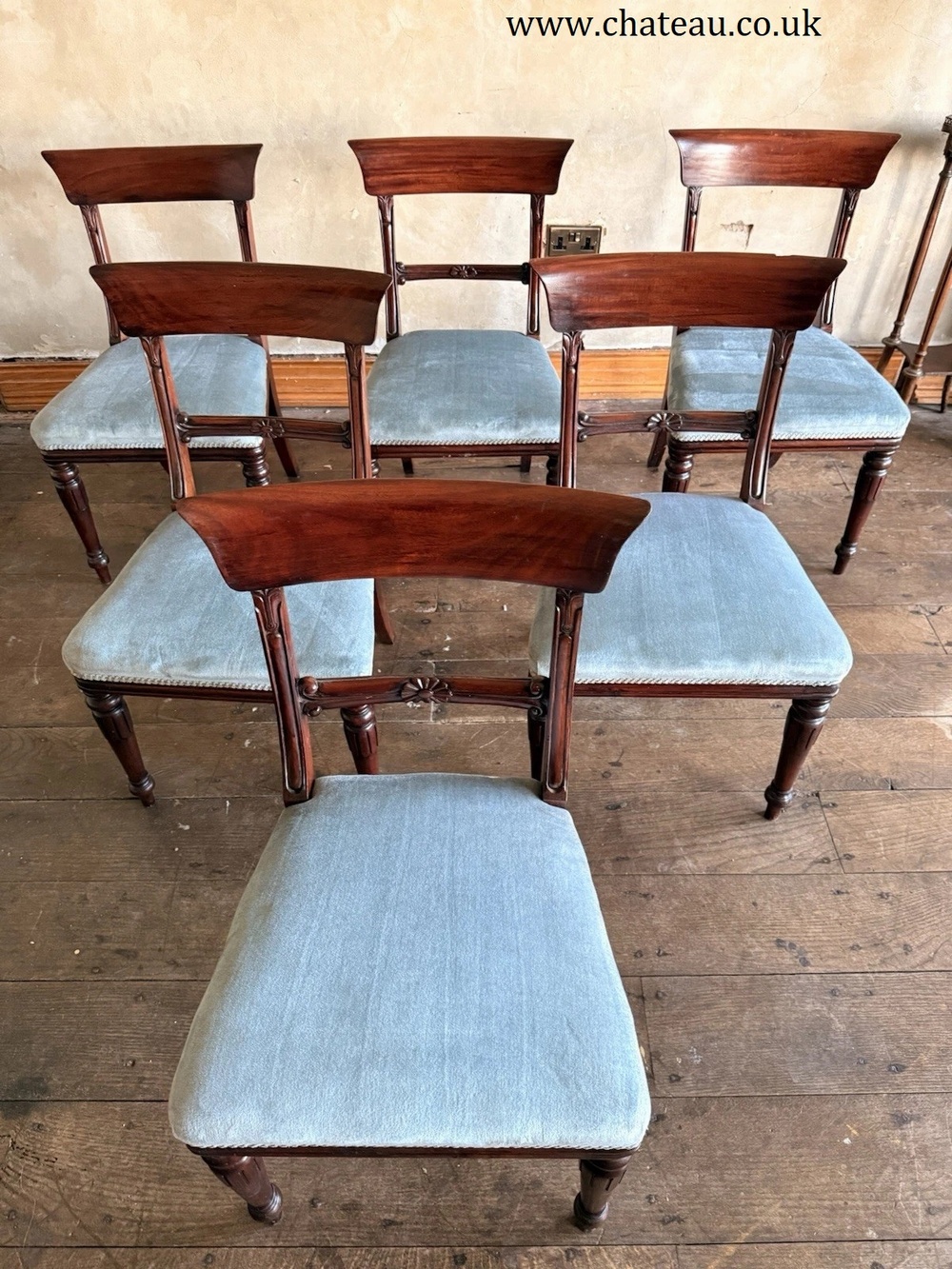 English Matching Set of 6 Antique Mahogany Regency Blue Dining Chairs 1820C