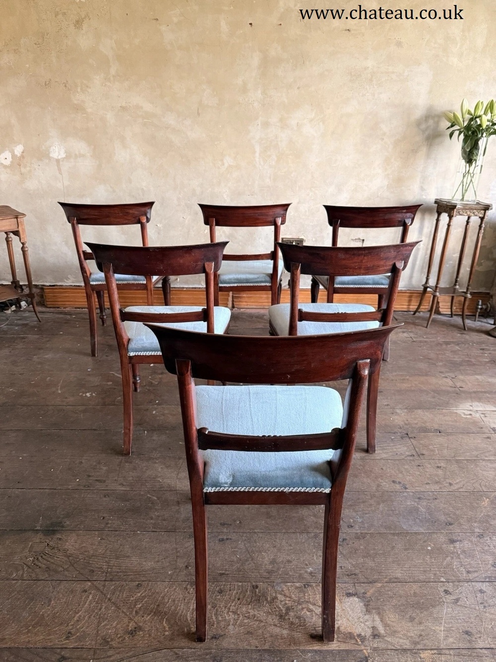 English Matching Set of 6 Antique Mahogany Regency Blue Dining Chairs 1820C