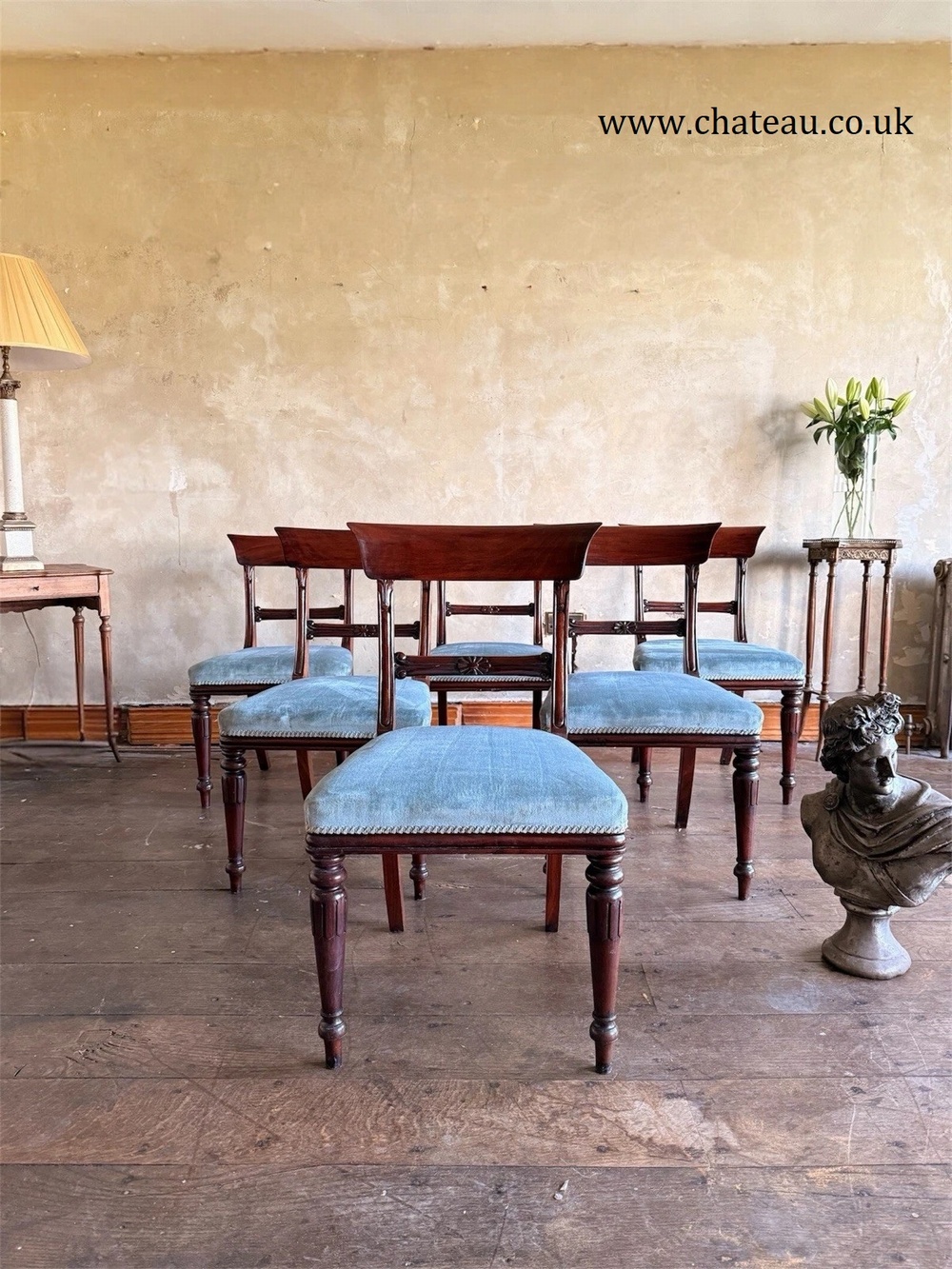 English Matching Set of 6 Antique Mahogany Regency Blue Dining Chairs 1820C