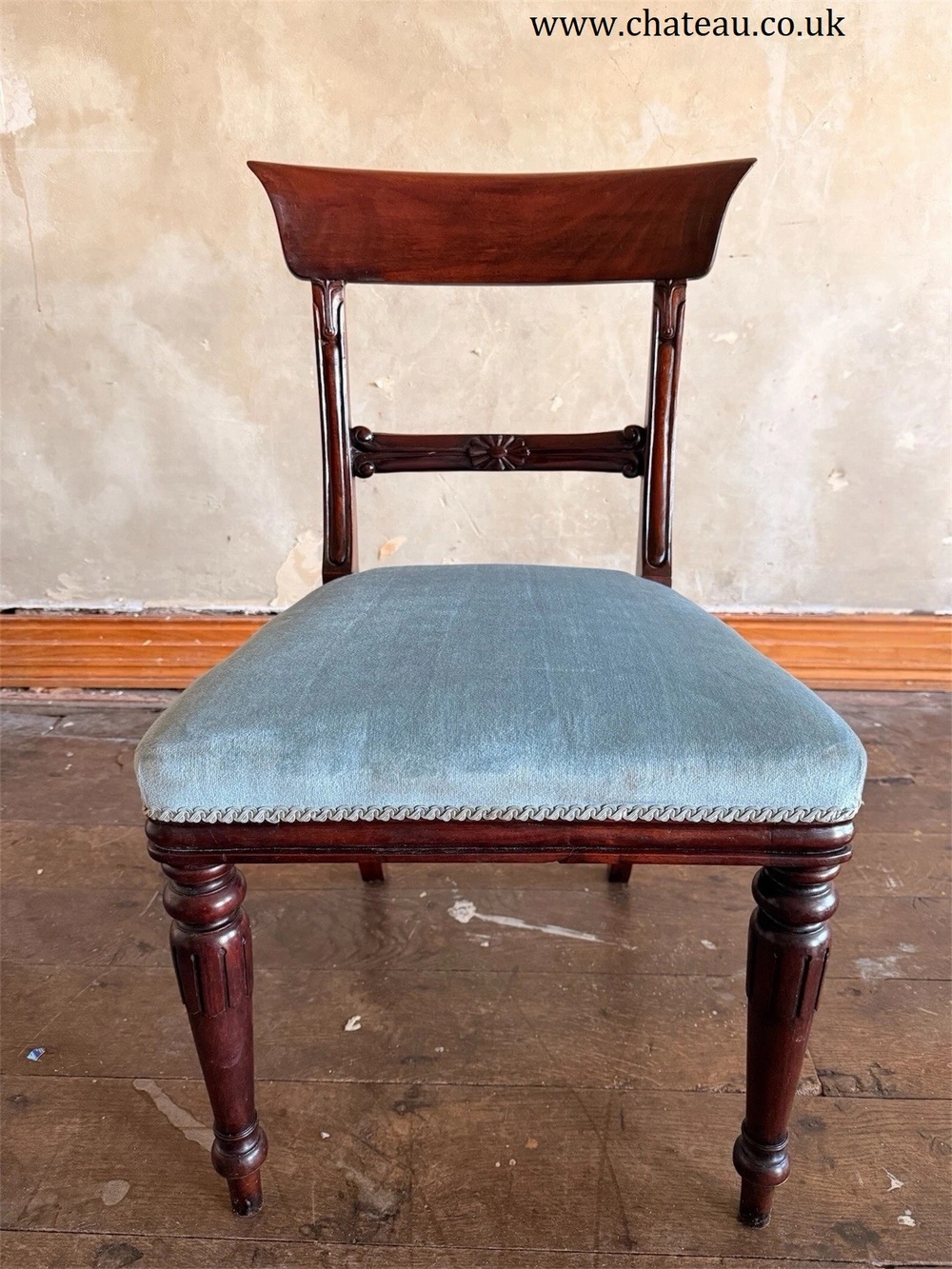 English Matching Set of 6 Antique Mahogany Regency Blue Dining Chairs 1820C