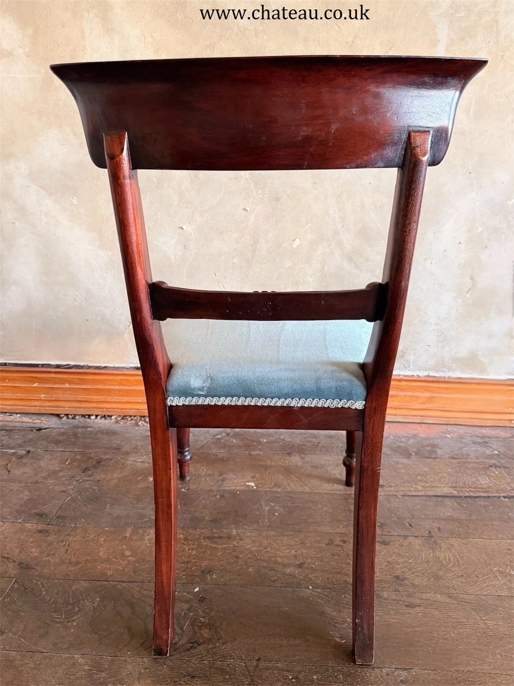 English Matching Set of 6 Antique Mahogany Regency Blue Dining Chairs 1820C