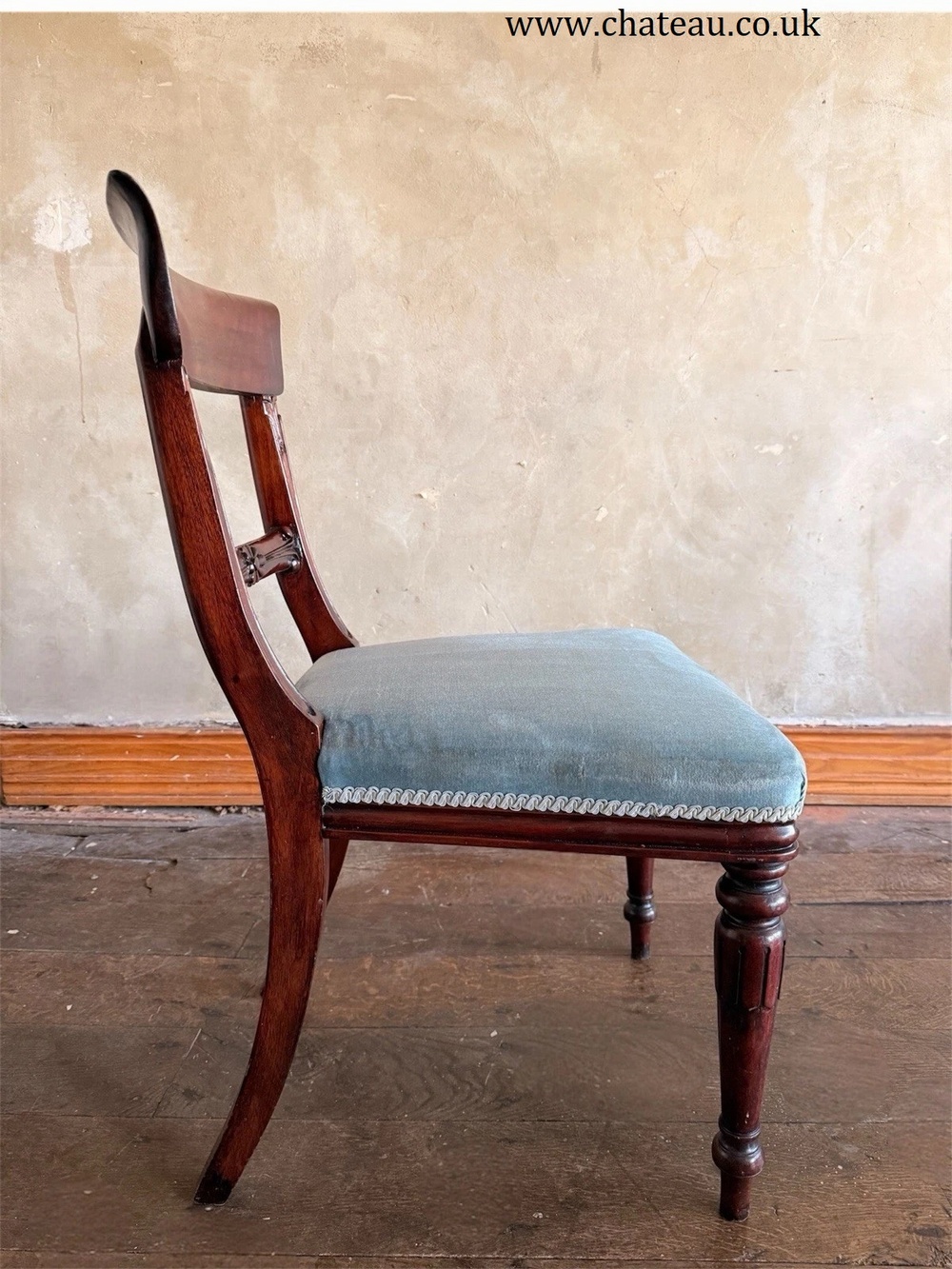 English Matching Set of 6 Antique Mahogany Regency Blue Dining Chairs 1820C