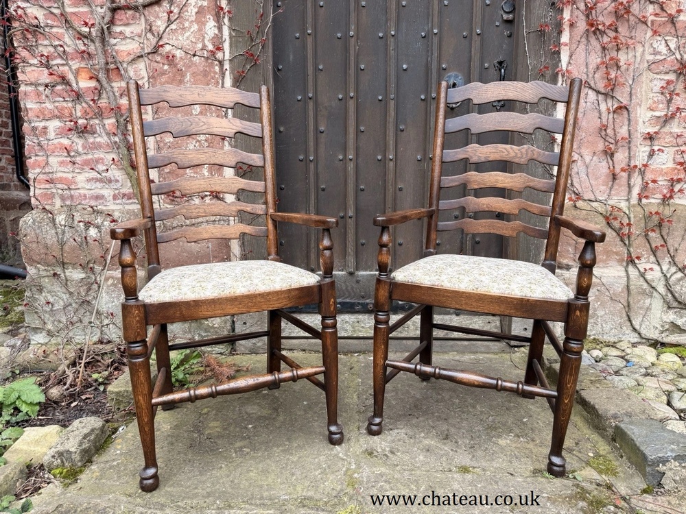 Set 6 Vintage Oak Ladder back Rustic Farmhouse Dining Chairs w/ Elbow Chairs