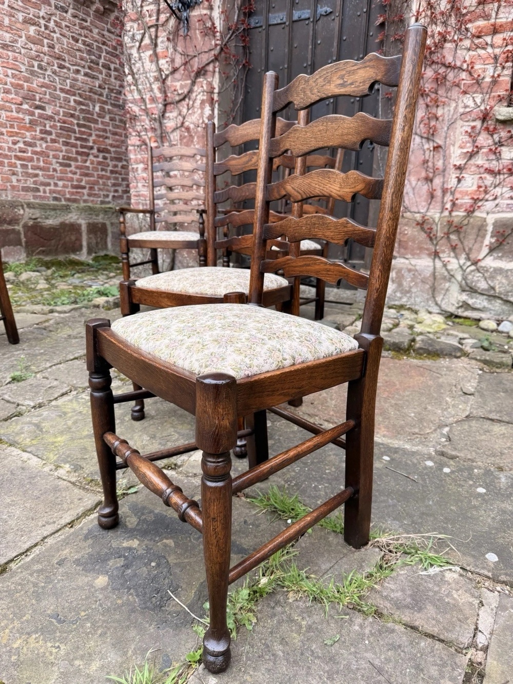 Set 6 Vintage Oak Ladder back Rustic Farmhouse Dining Chairs w/ Elbow Chairs