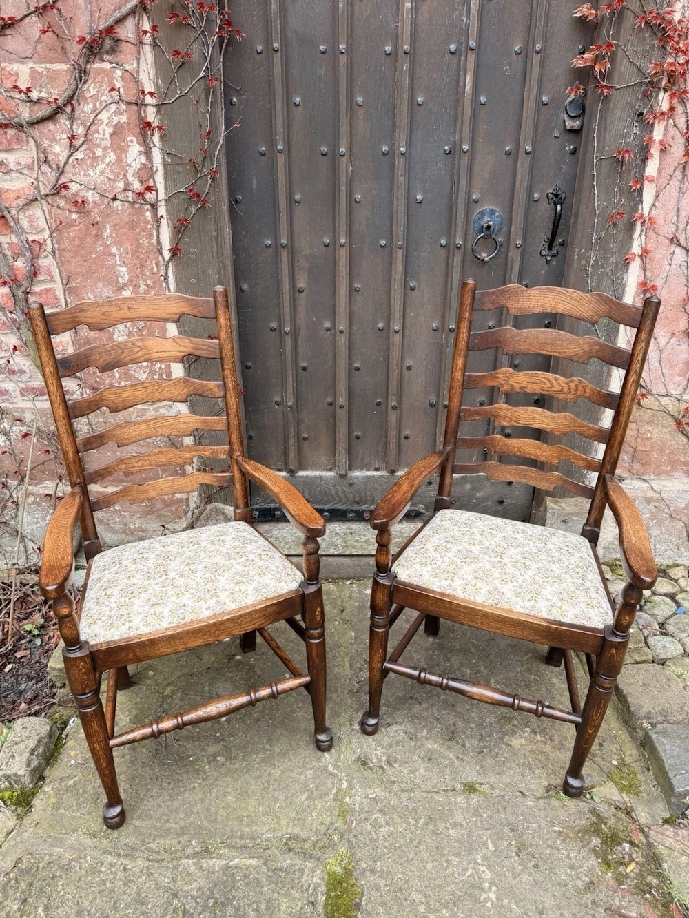 Set 6 Vintage Oak Ladder back Rustic Farmhouse Dining Chairs w/ Elbow Chairs