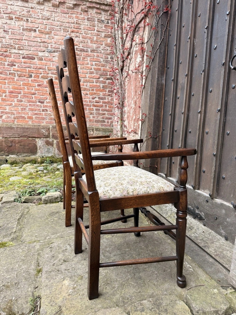 Set 6 Vintage Oak Ladder back Rustic Farmhouse Dining Chairs w/ Elbow Chairs