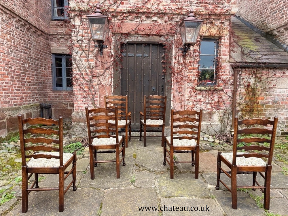 Set 6 Vintage Oak Ladder back Rustic Farmhouse Dining Chairs w/ Elbow Chairs