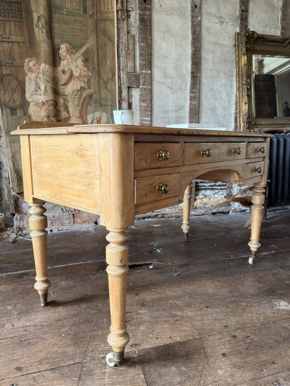 Original English Farmhouse Rustic Antique Pine Writing Office Table Desk 1860c