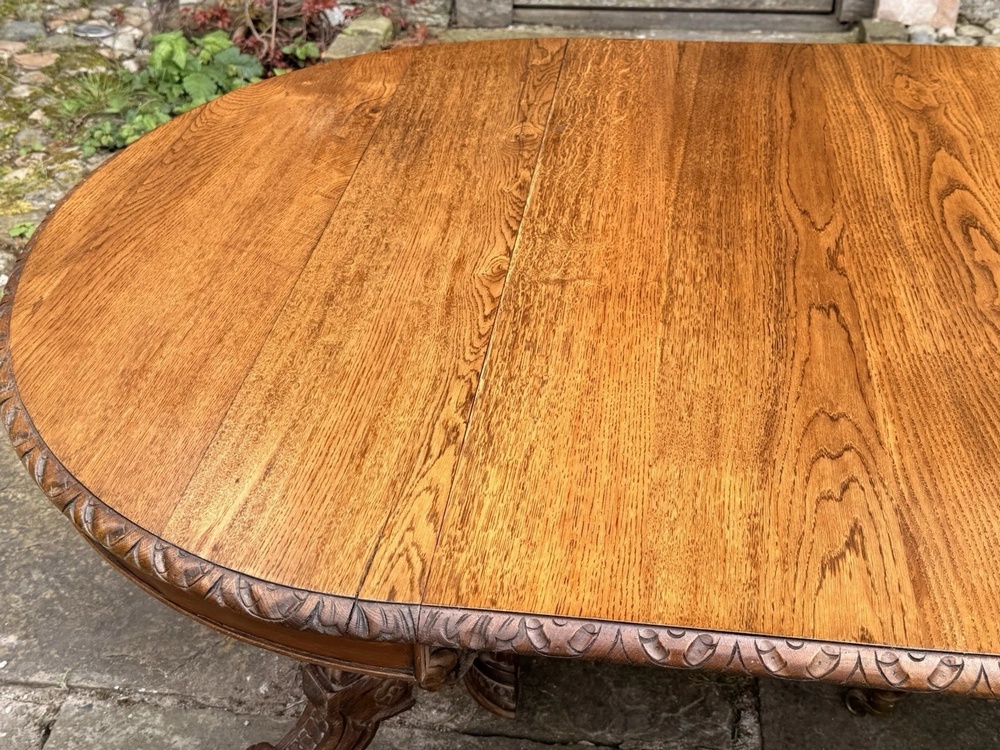 Rare French Antique Carved Oak Henri II Extending Split Pedestal Dining Table