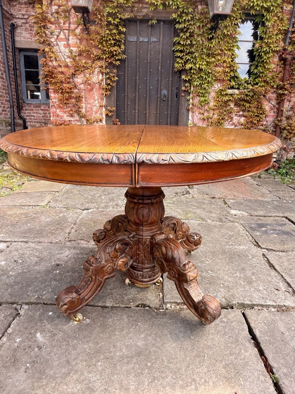 Rare French Antique Carved Oak Henri II Extending Split Pedestal Dining Table