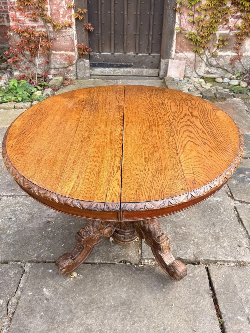 Rare French Antique Carved Oak Henri II Extending Split Pedestal Dining Table