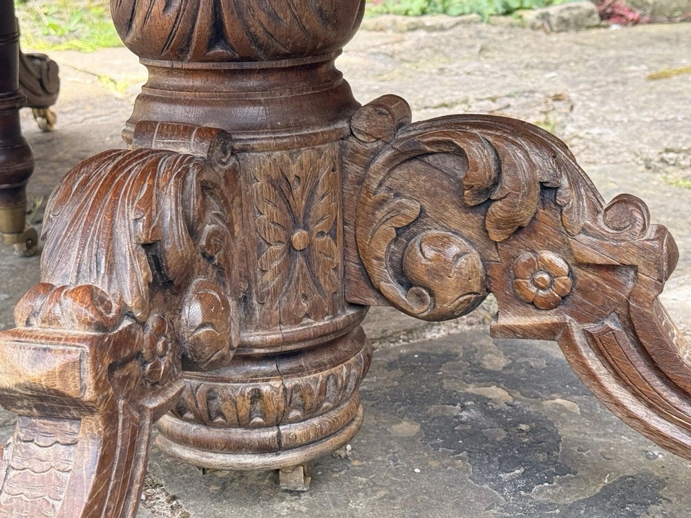 Rare French Antique Carved Oak Henri II Extending Split Pedestal Dining Table