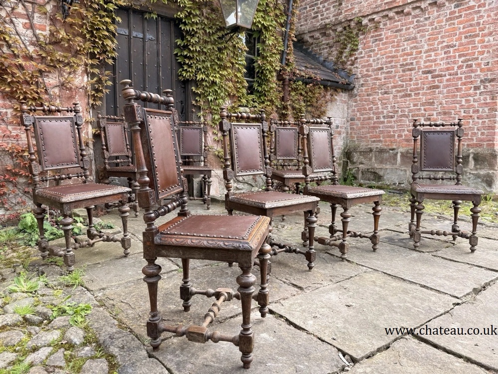 Set 8 Antique French Rustic Oak Renaissance Revival Henri II Style Dining Chairs 1880 Circa