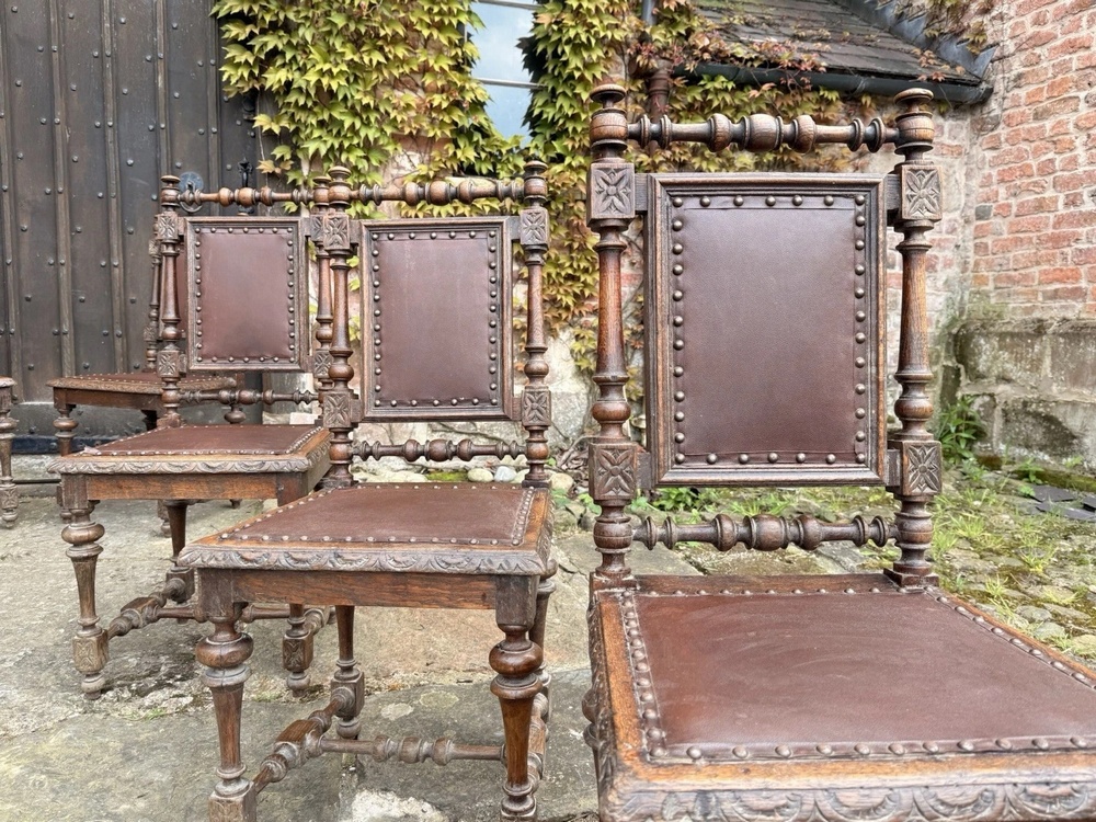 Set 8 Antique French Rustic Oak Renaissance Revival Henri II Style Dining Chairs 1880 Circa
