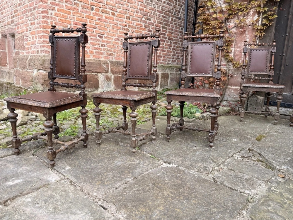 Set 8 Antique French Rustic Oak Renaissance Revival Henri II Style Dining Chairs 1880 Circa