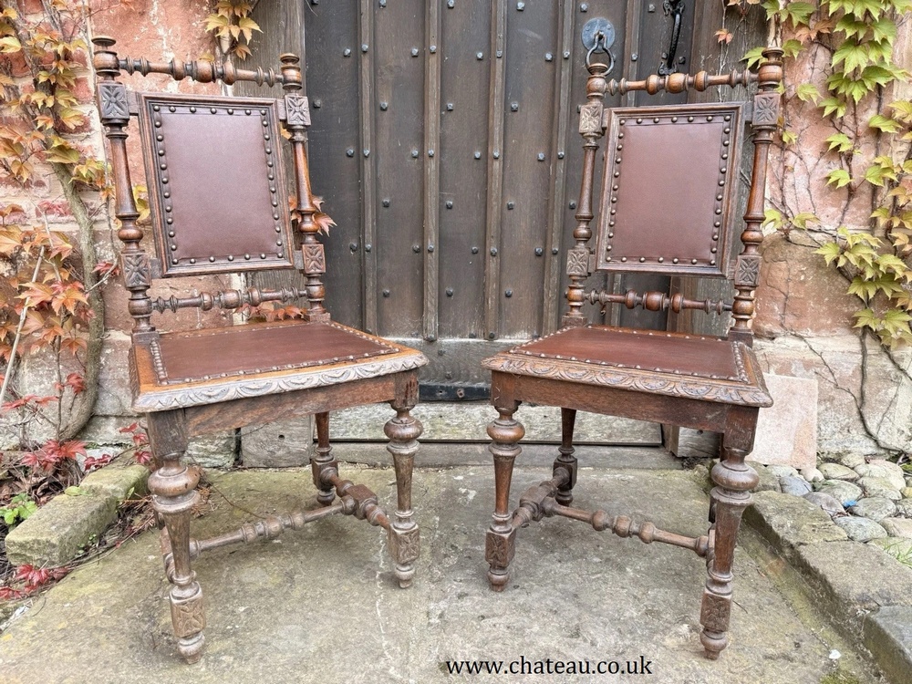 Set 8 Antique French Rustic Oak Renaissance Revival Henri II Style Dining Chairs 1880 Circa